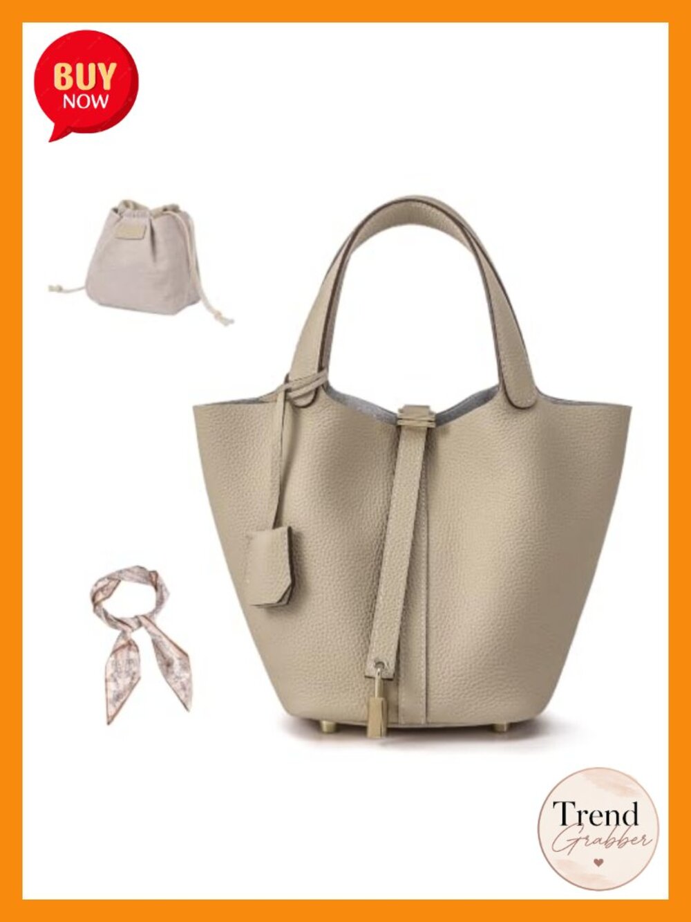 Genuine Leather Bucket Bag Satchel Top Handle Lock Design Handbag for Women